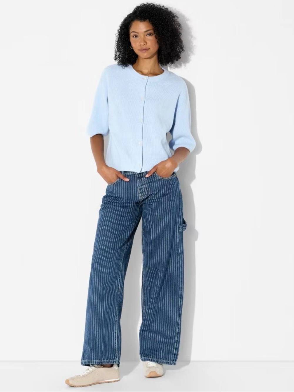 wild fable Light Blue Cardigan with Blue Pinstriped Wide-Leg Jeans size 4/R